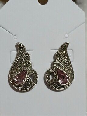 Vintage Pink Teardrop Earrings Marcasite Style Silver Tone